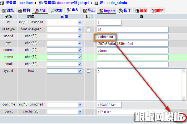 图-7 使用phpmyadmin修改dedecms管理员账号
