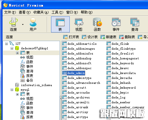图-1 使用Navicat查看DedeCMS数据库结构
